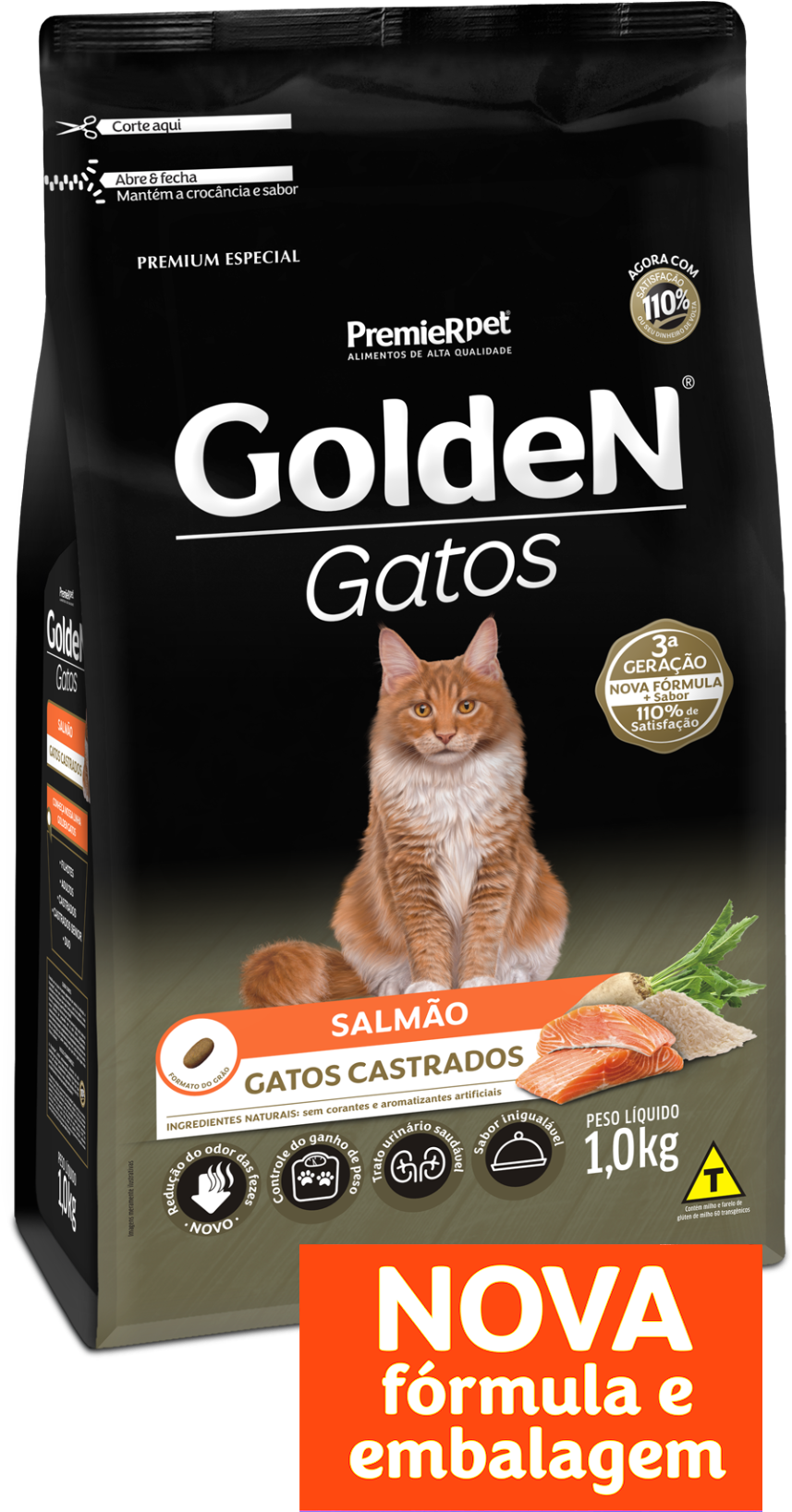 Golden Gatos Cat Food Package Salmon Flavor PNG image