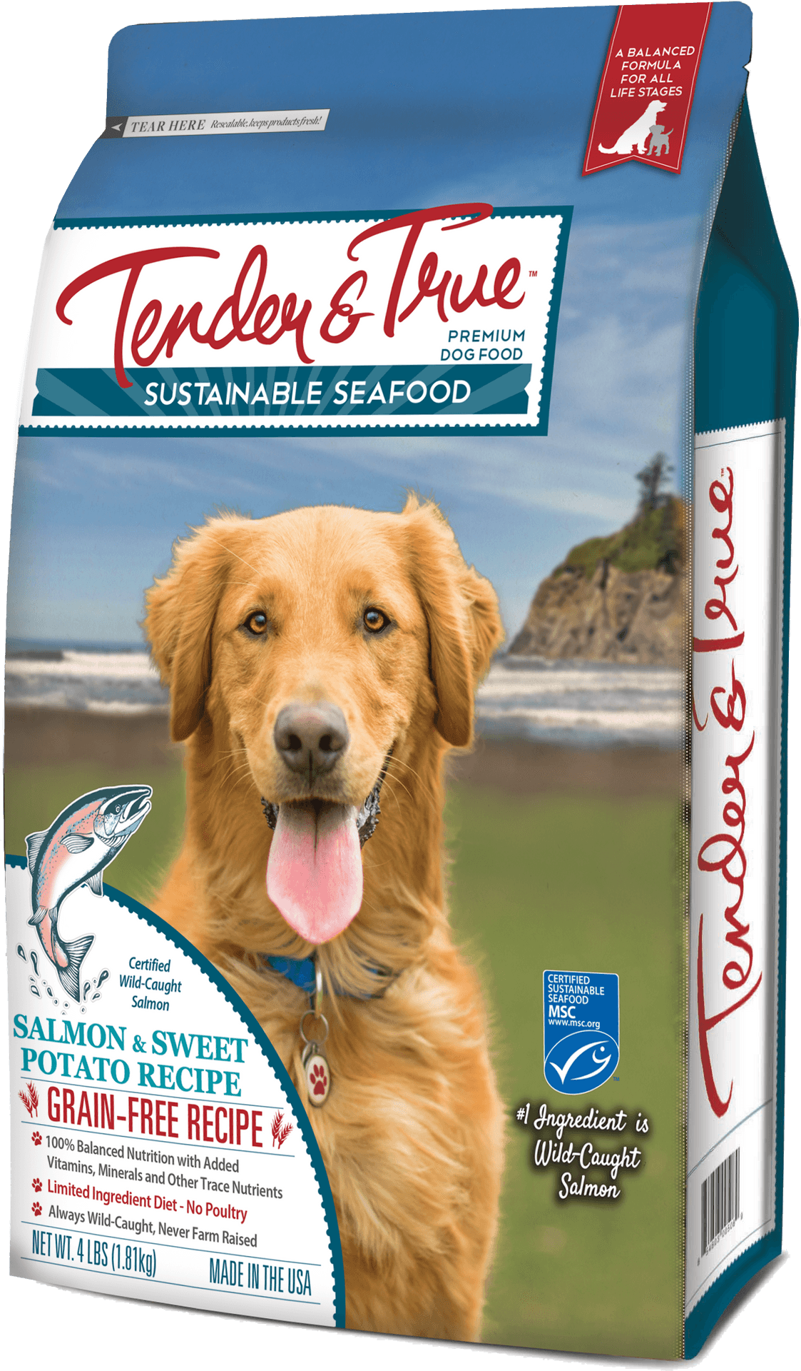 Golden Retriever With Tenderand True Dog Food Package PNG image