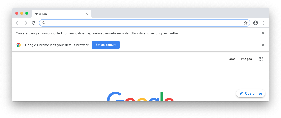 Google Chrome Unsupported Command Line Flag Warning PNG image