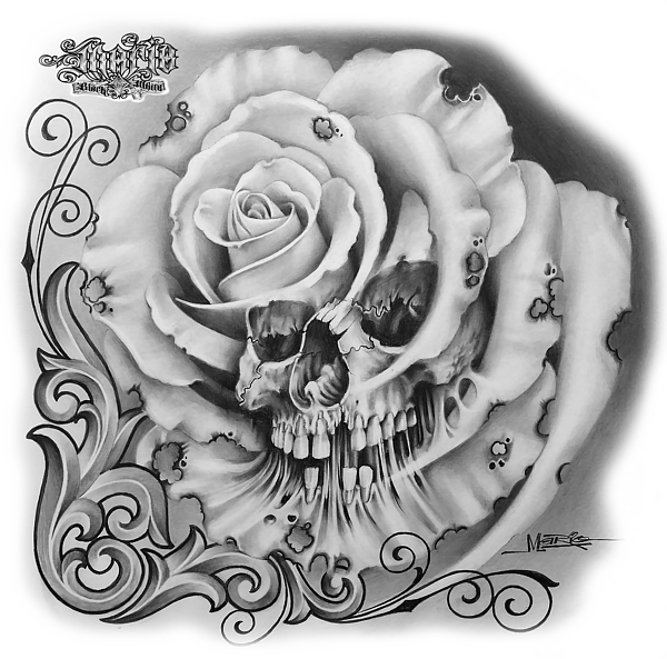 Gothic Roseand Skull Drawing PNG image