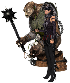 Gothic Warrior And Troll Fantasy Art PNG image