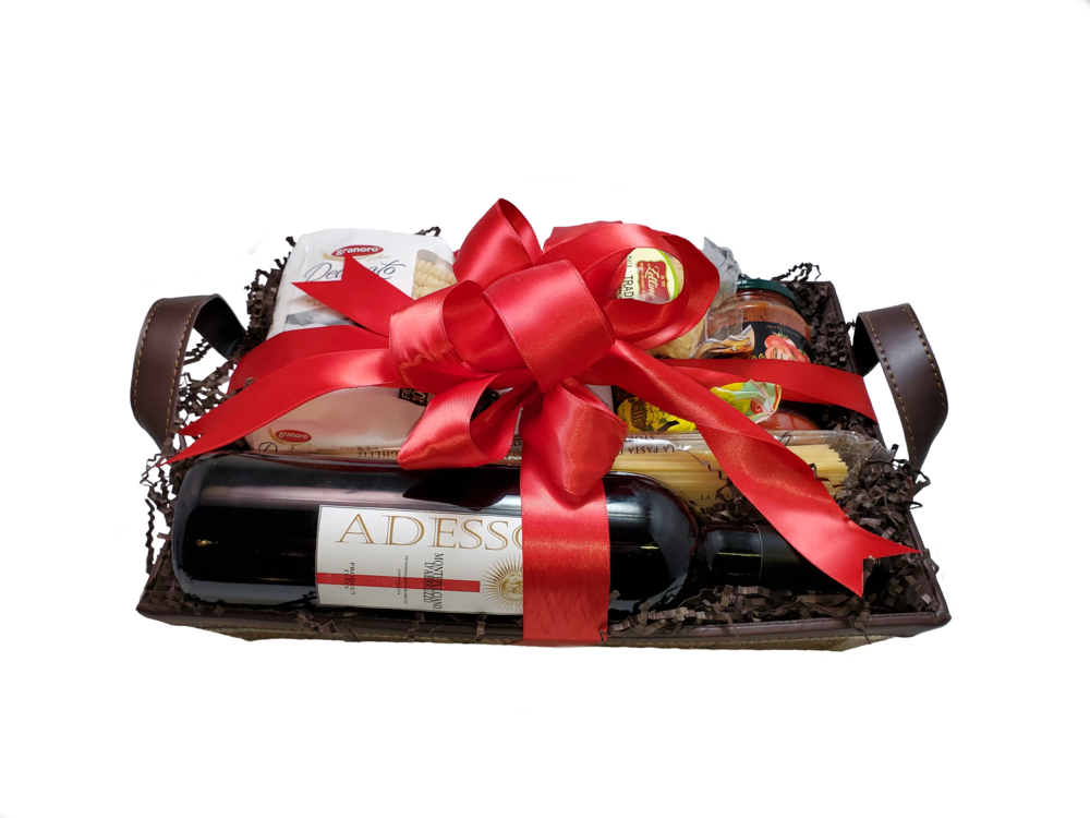 Gourmet Gift Basketwith Red Ribbon PNG image