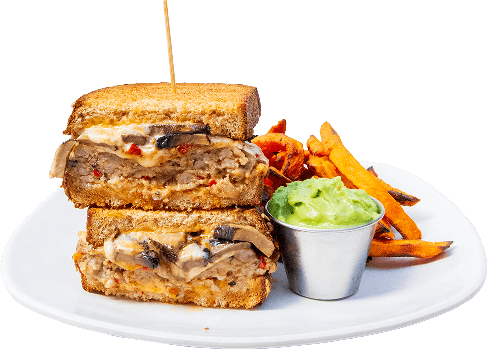 Gourmet Stuffed Burgerwith Sweet Potato Fries PNG image