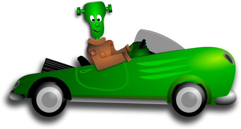 Green Alien Driving Convertible Cartoon PNG image