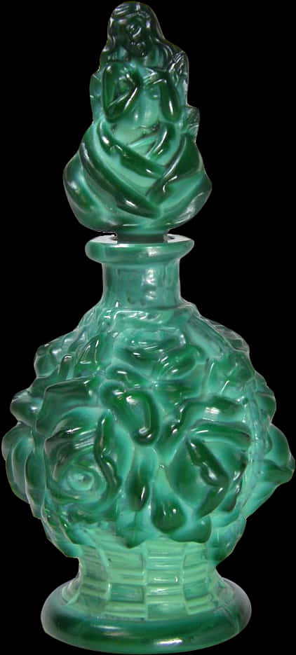 Green Glass Perfume Bottlewith Figurine Top PNG image