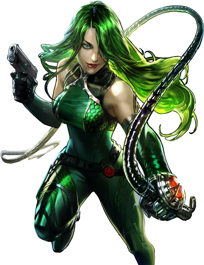 Green Haired Female Character With Gun And Tentacles PNG image