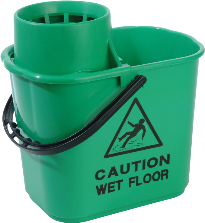 Green Mop Bucket With Wet Floor Sign PNG image