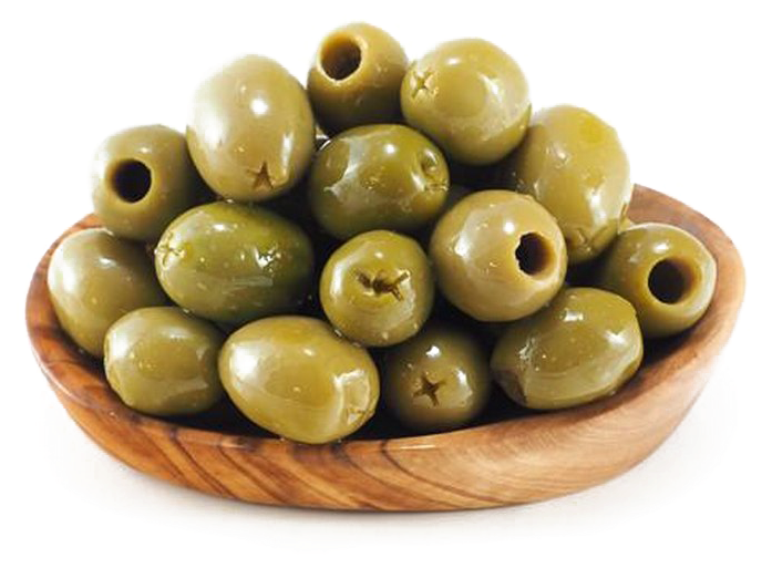 Green Olivesin Wooden Bowl PNG image