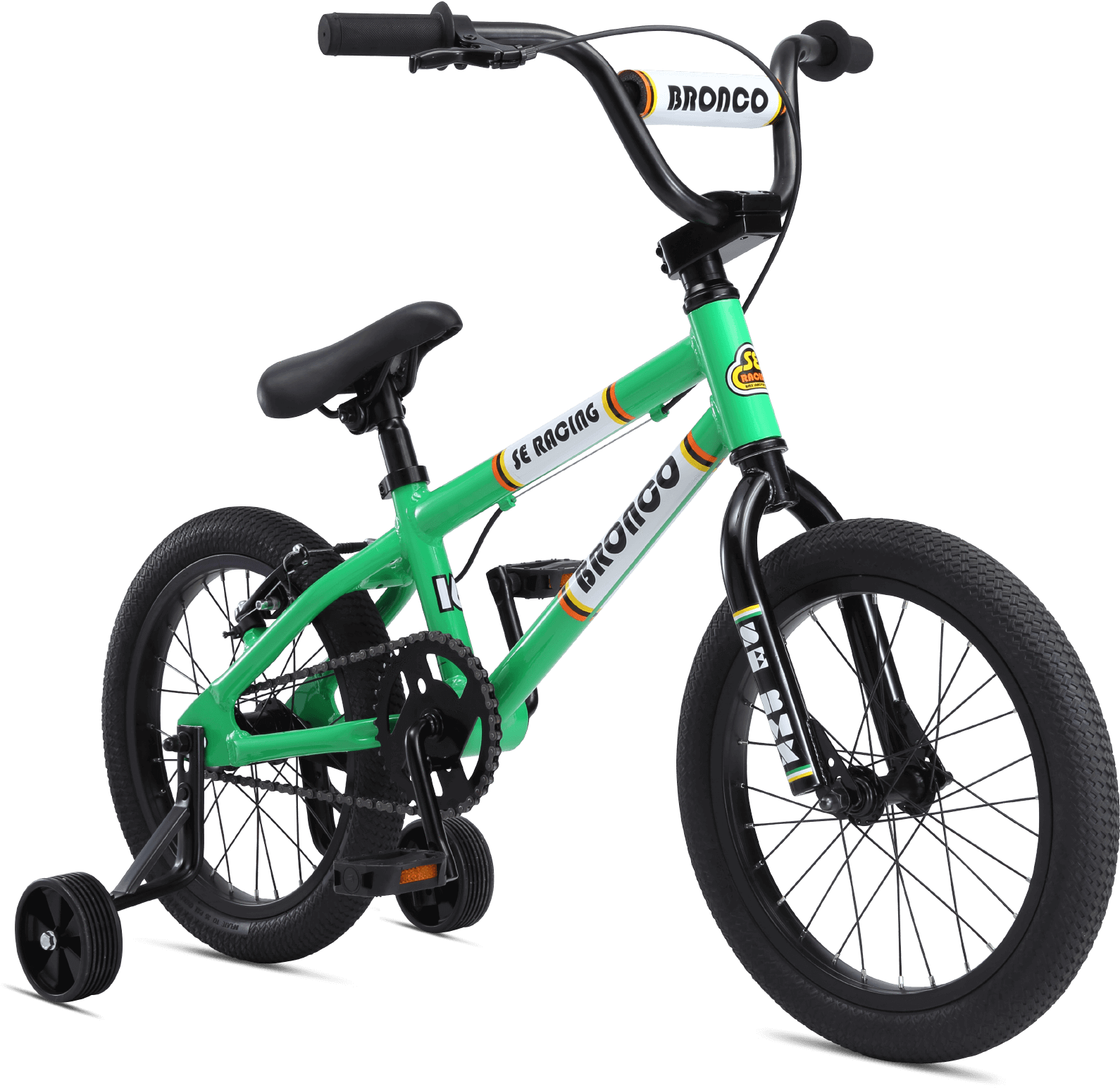 Green Youth B M X Bike With Training Wheels PNG image