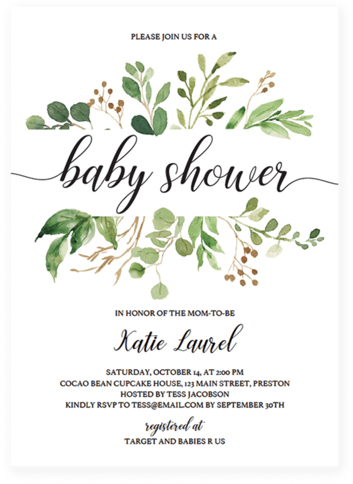 Greenery Themed Baby Shower Invitation PNG image