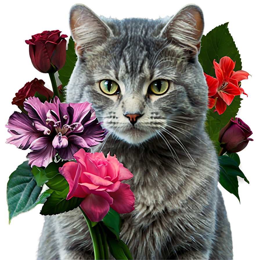 Grey Cat With Flowers Png Pyg68 PNG image