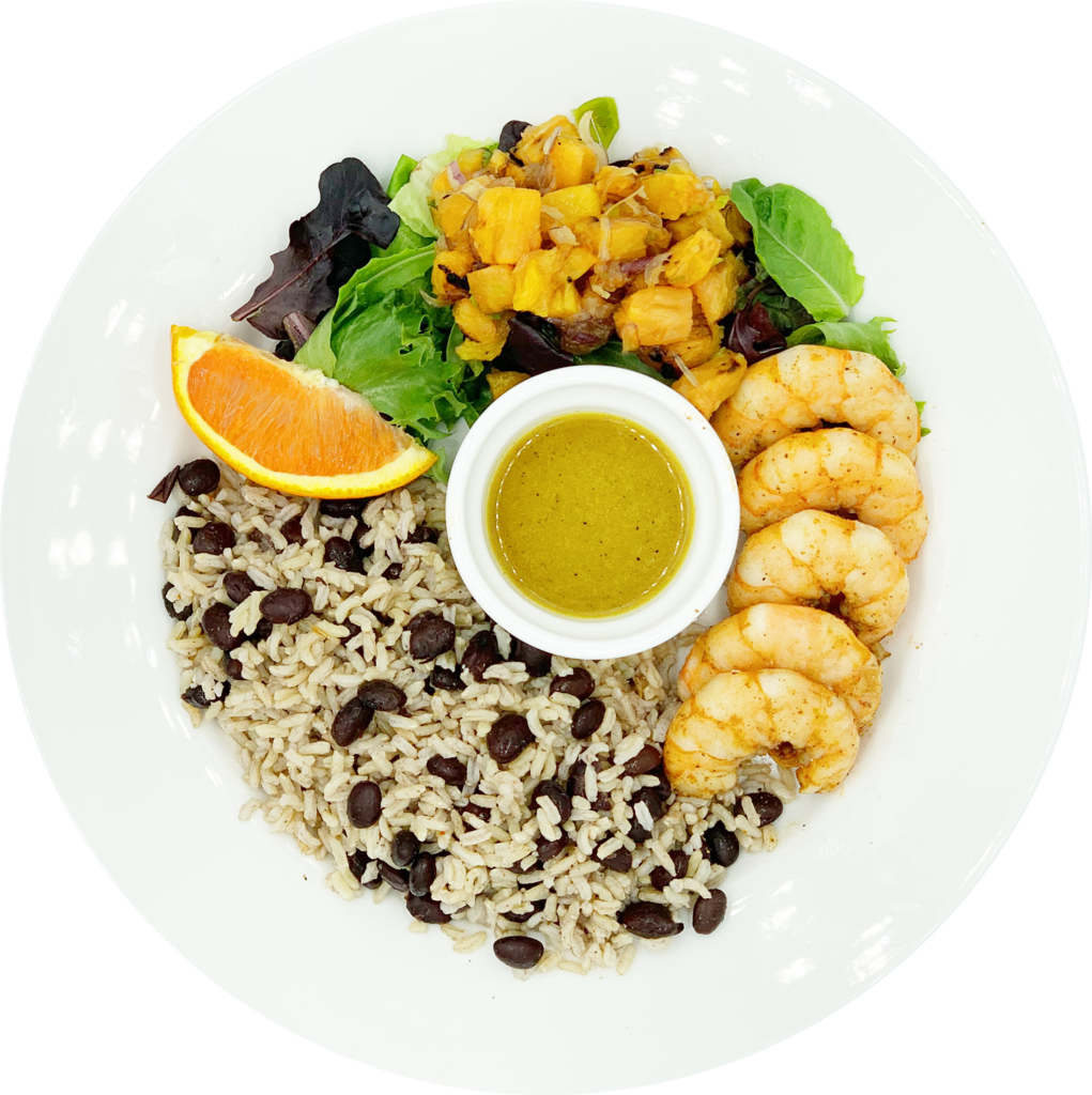 Grilled Shrimp Rice Beans Salad Plate PNG image