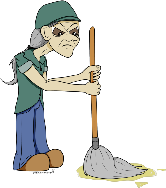 Grumpy Cartoon Janitor Cleaning Spill PNG image