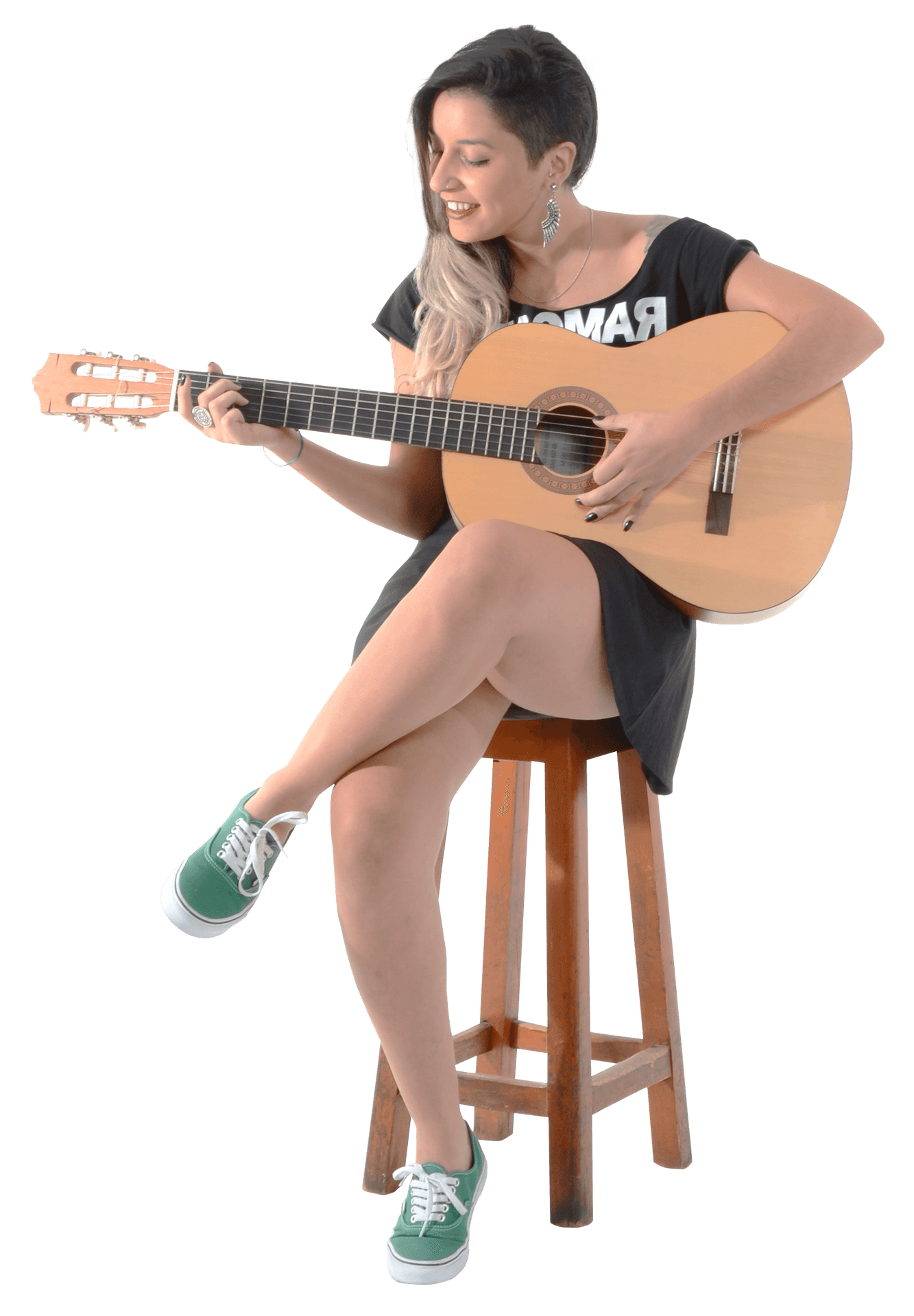 Guitaristin Black Teeand Green Sneakers PNG image