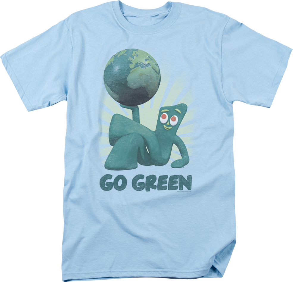Gumby Holding Earth Go Green Shirt PNG image