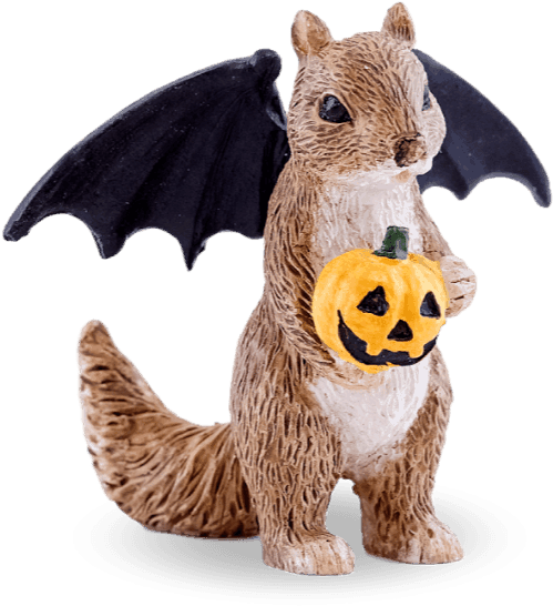 Halloween Squirrel Figurinewith Bat Wingsand Pumpkin PNG image