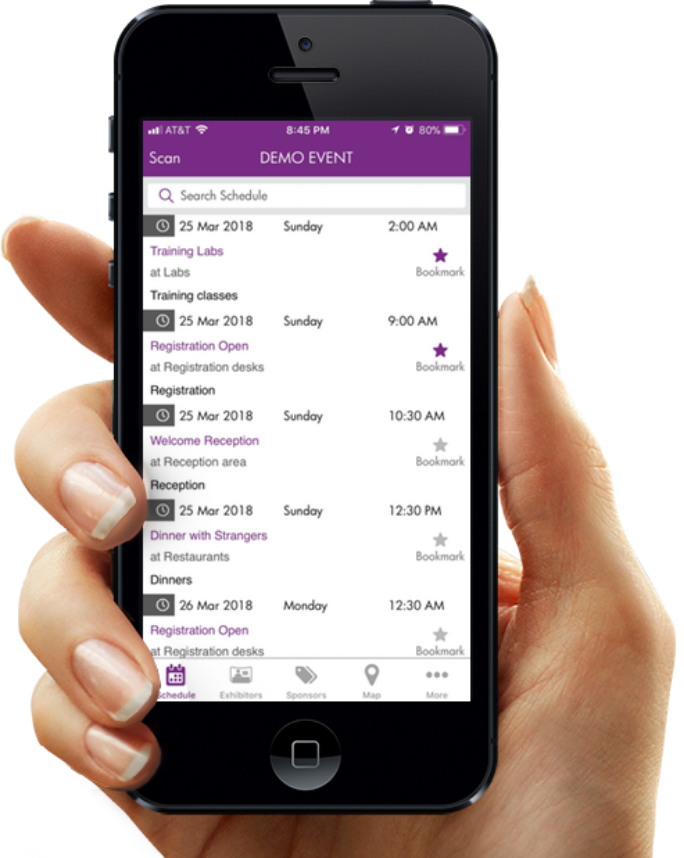 Hand Holding Smartphone Event Schedule Display PNG image