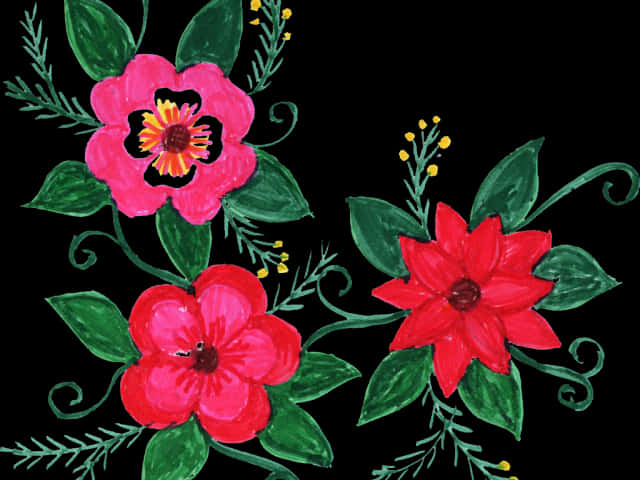 Hand Painted Floral Designon Black Background PNG image