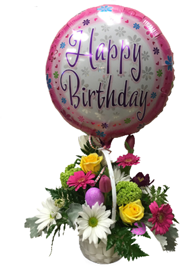 Happy Birthday Balloonand Flower Bouquet PNG image