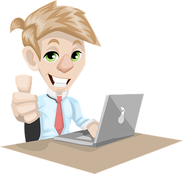 Happy Cartoon Businessman Laptop Thumbs Up PNG image
