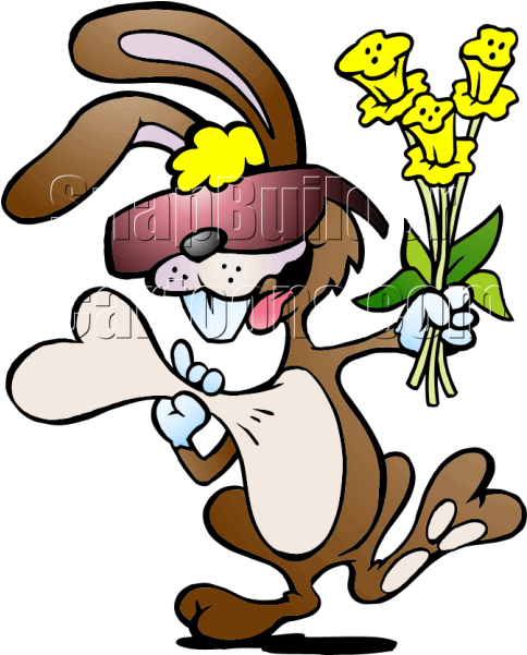 Happy Cartoon Rabbitwith Flowers PNG image