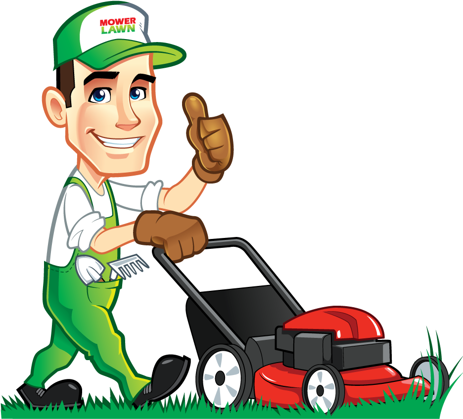 Happy Lawn Care Professionalwith Mower PNG image