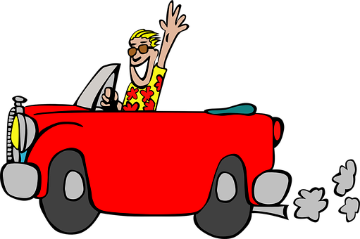 Happy Man Driving Red Car Cartoon PNG image