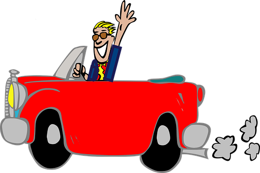 Happy Man Driving Red Car Cartoon PNG image