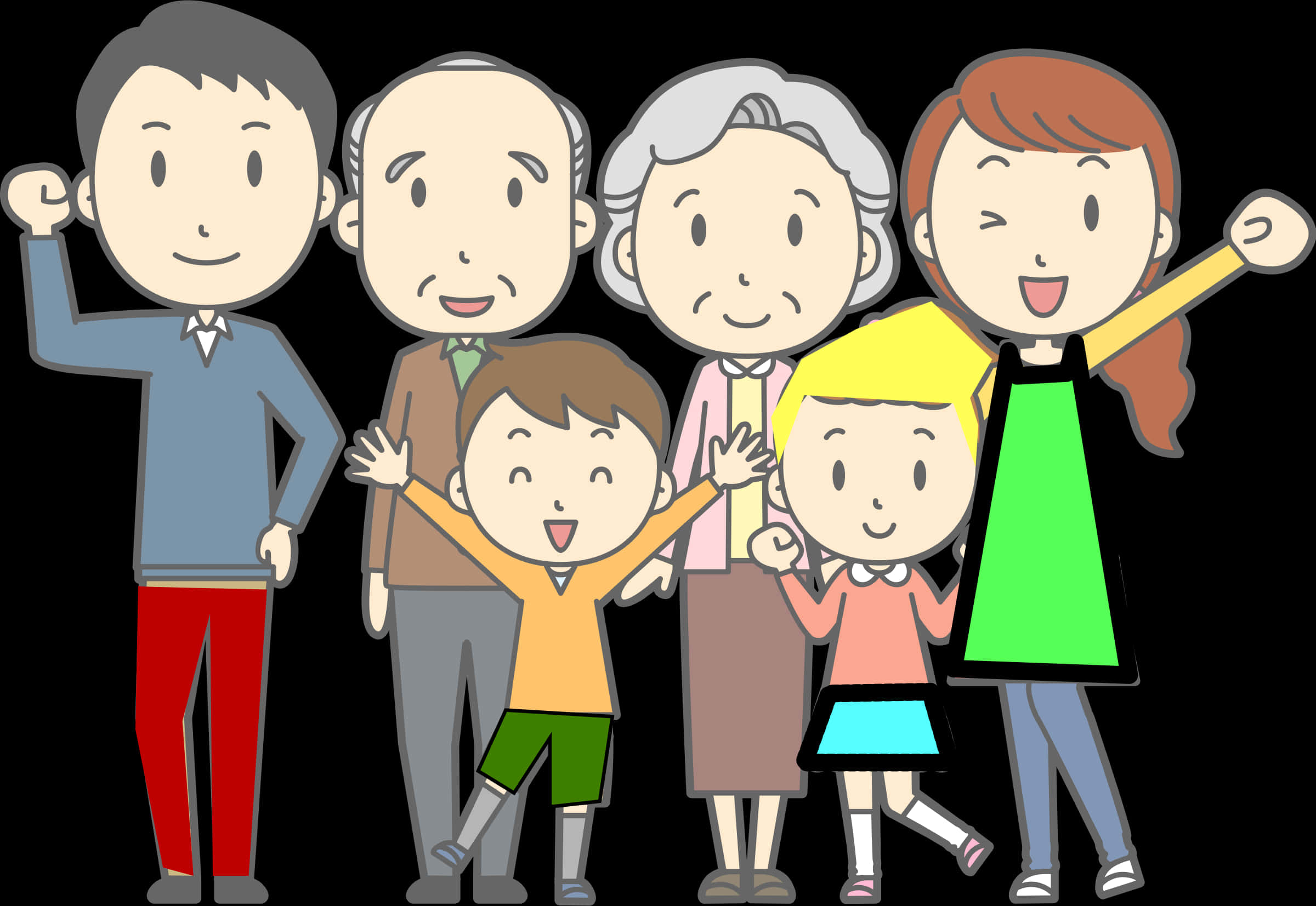 Happy Multigenerational Family Cartoon PNG image