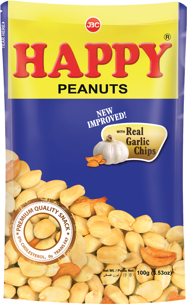 Happy Peanuts Garlic Chips Packaging PNG image