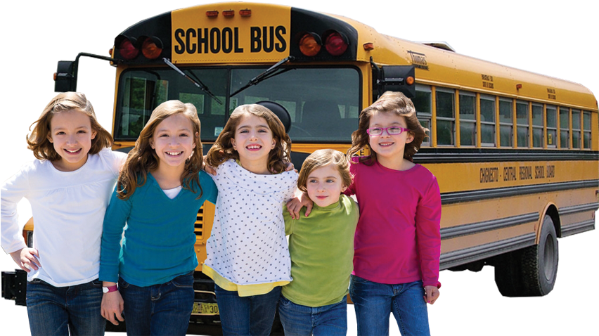 Happy Studentsin Frontof School Bus PNG image