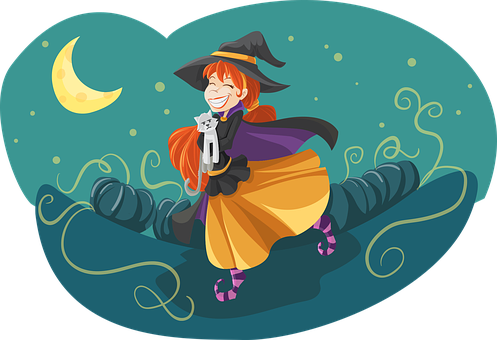 Happy Witchand Caton Broomstick PNG image