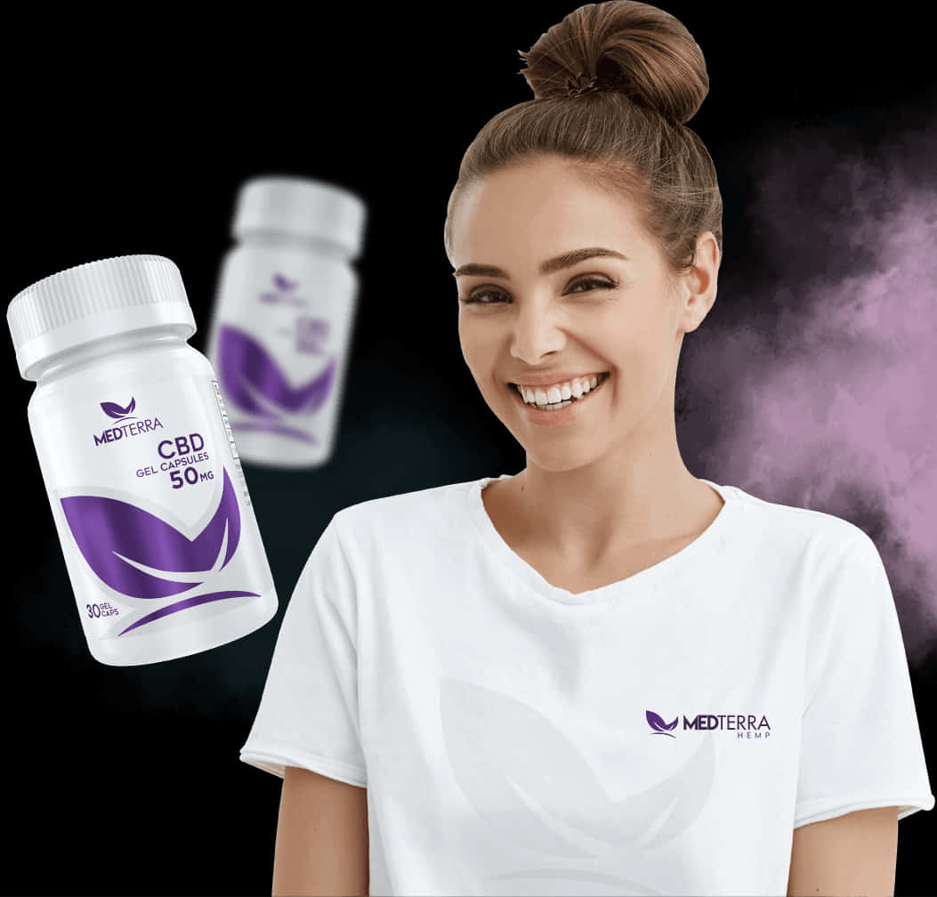 Happy Woman Promoting C B D Capsules PNG image