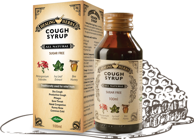 Healing Herbs Cough Syrup Packaging PNG image