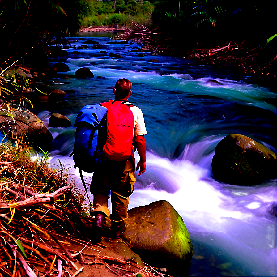 Hiker Crossing River Png 06262024 PNG image