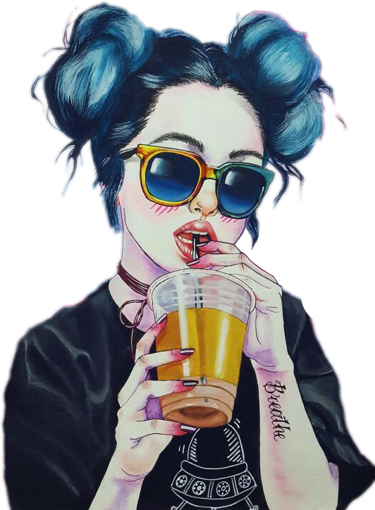 Hipster Girl Drinking Iced Coffee PNG image