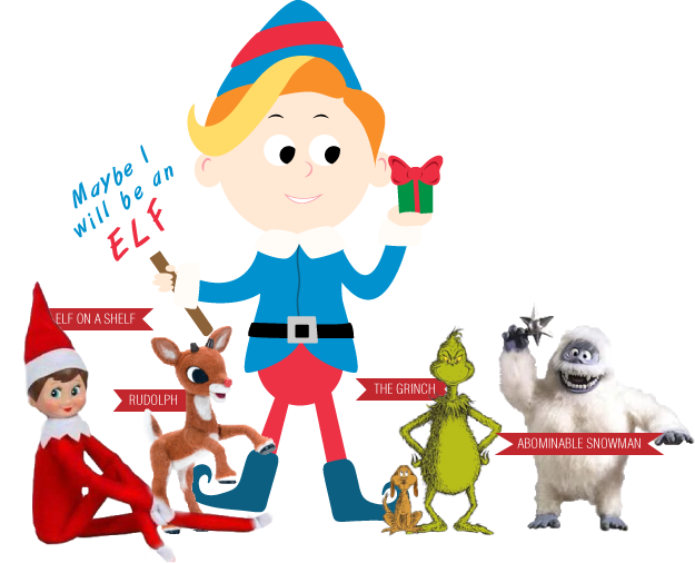 Holiday Characters With Elf On The Shelf PNG image