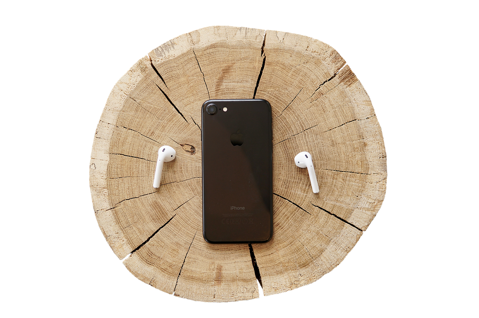 I Phoneand Air Podson Wooden Stump PNG image