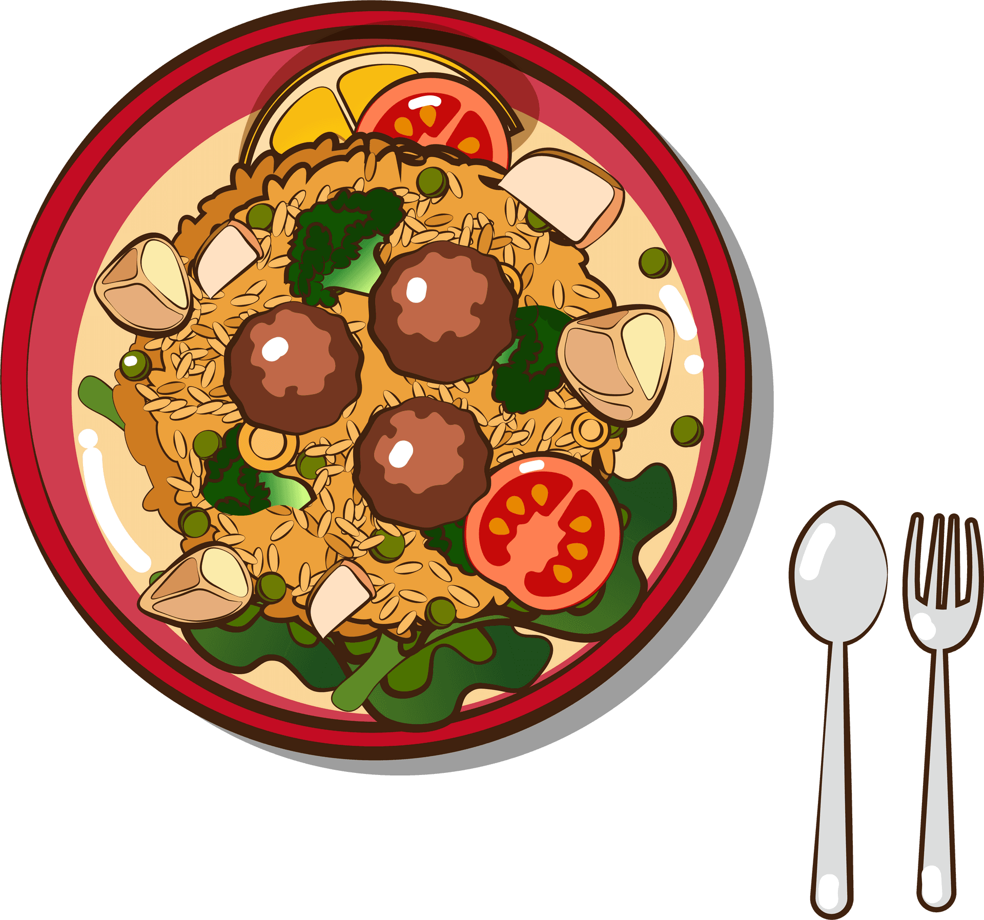 Illustrated Fried Ricewith Meatballsand Vegetables PNG image