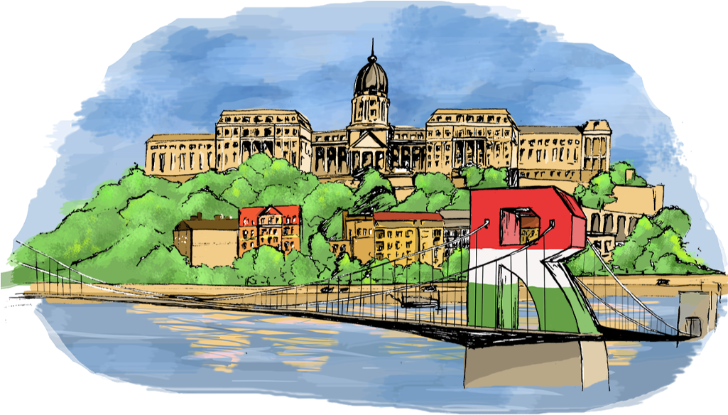 Illustrated Riverfront Cityscape PNG image