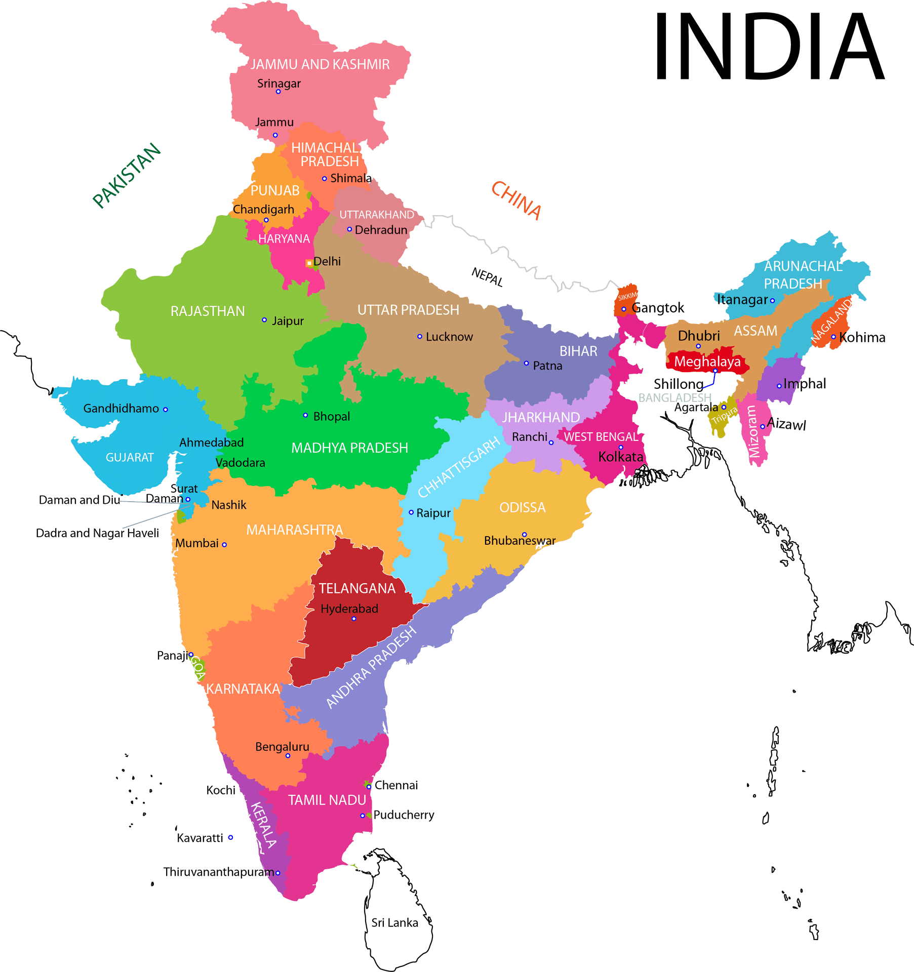 India Political Map Colorful PNG image