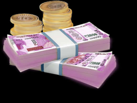 Indian Currency Bundlesand Coins PNG image