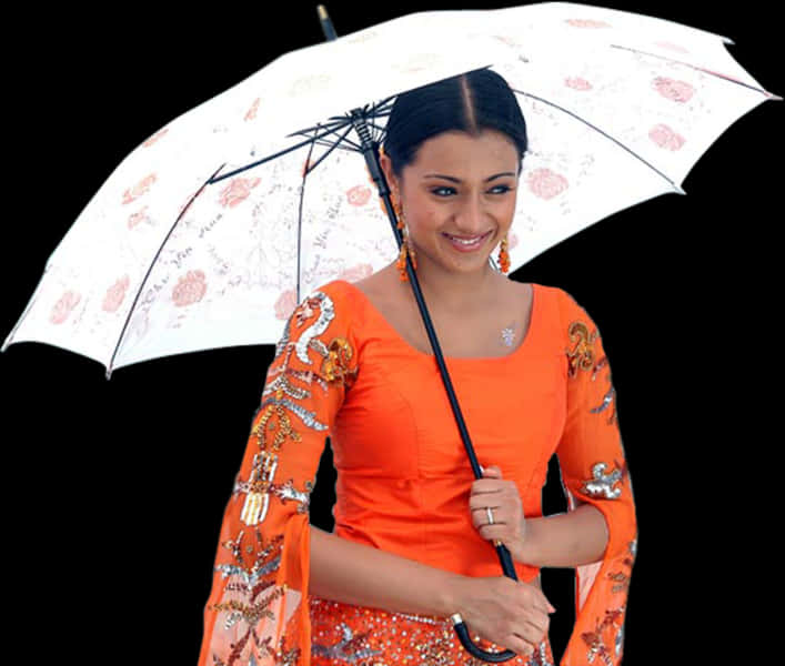 Indian Girlin Orange Dresswith Umbrella PNG image