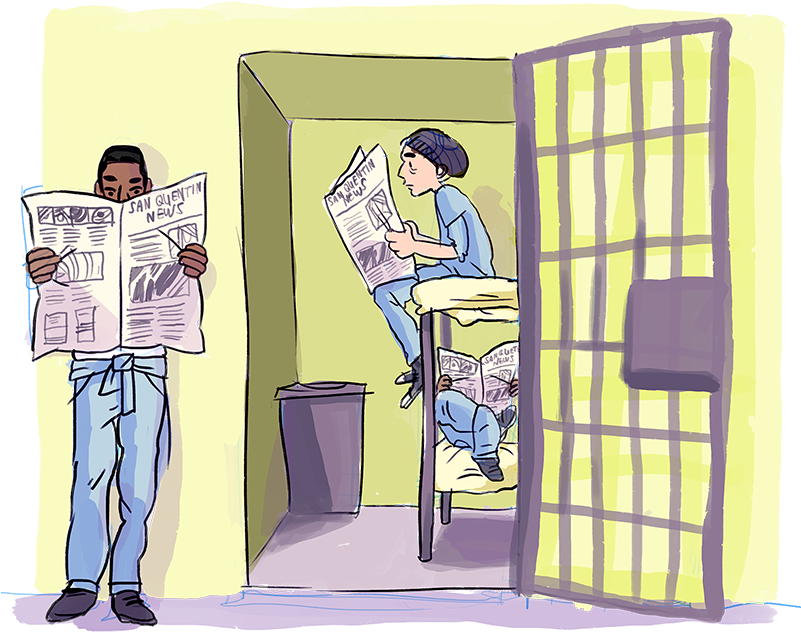 Inmates_ Reading_ Newspaper_in_ Cell_ Block PNG image