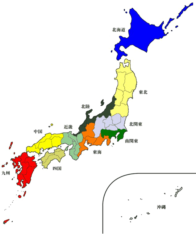 Japan Regions Map Color Coded PNG image