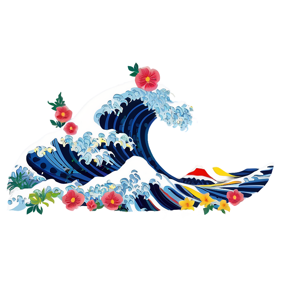 Japanese Wave With Flowers Png Wkn41 PNG image