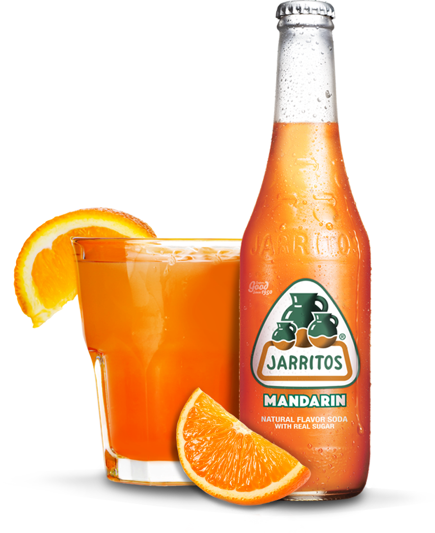 Jarritos Mandarin Soda Bottleand Glass PNG image