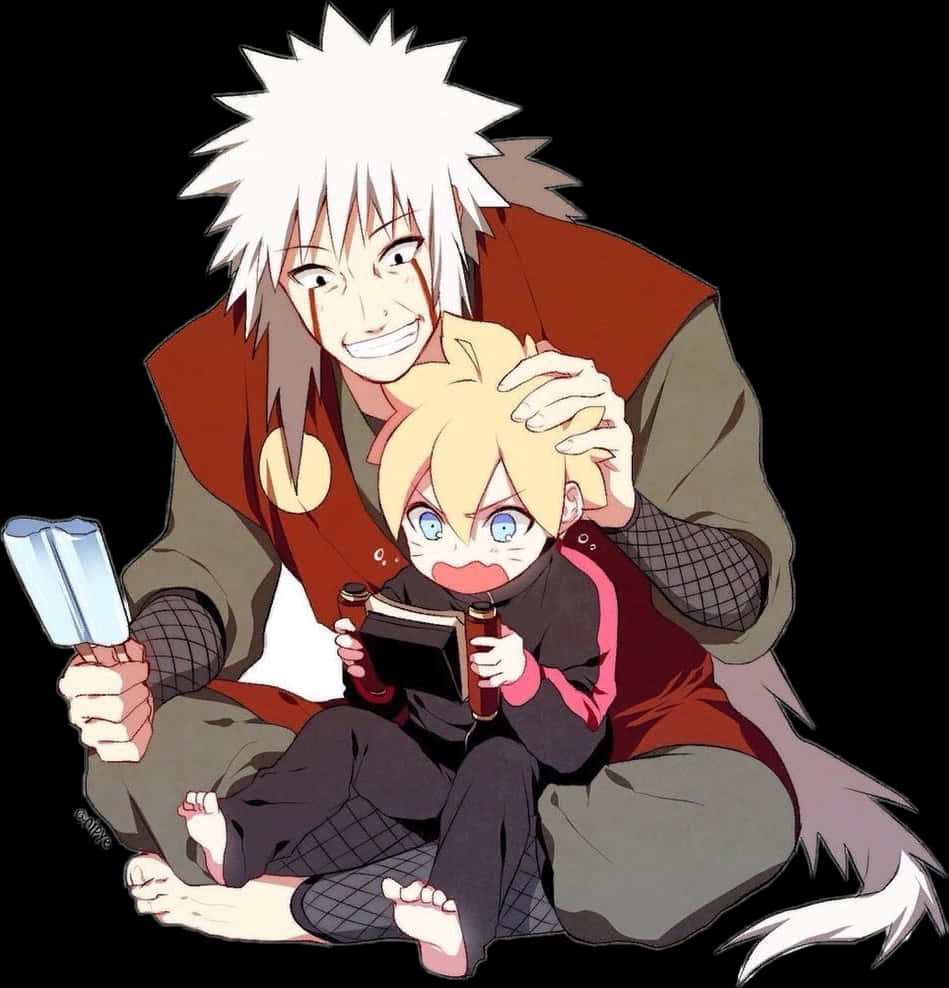 Jiraiyaand Young Naruto Reading Together PNG image