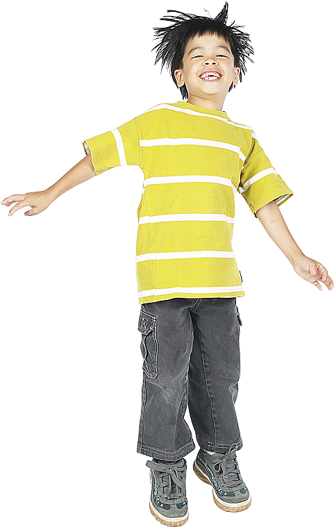 Joyful Boy Jumping In Striped Shirt PNG image