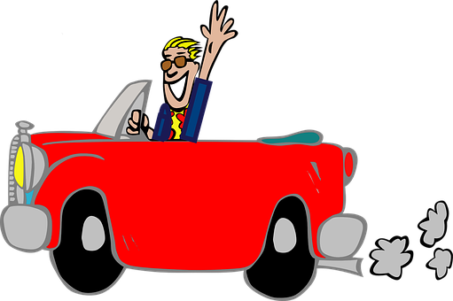 Joyful Cartoon Man Driving Red Car PNG image